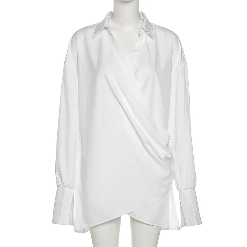 

ANJAMANOR Sexy White Long Sleeve Shirt Dress Unique Vestidos Sexys Night Club Wear Deep V Neck Wrap Mini Dresses D96-DZ25