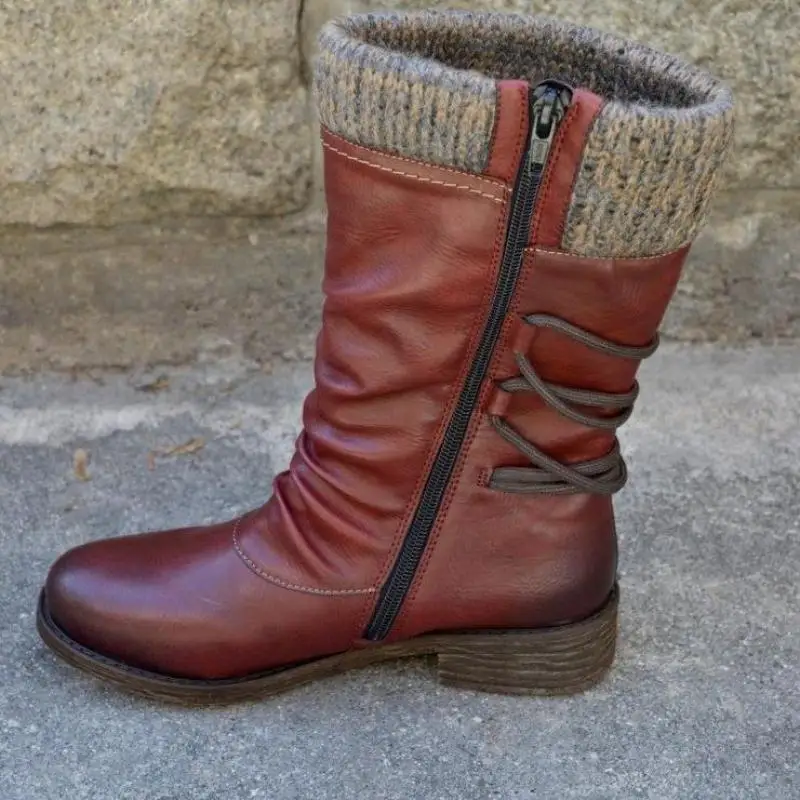 New Retro Woman Shoes Pu Leather Winter Boots Women Fashion Vintage Rivets Round Toe Lace-Up Mid-calf Zipper Boots 43