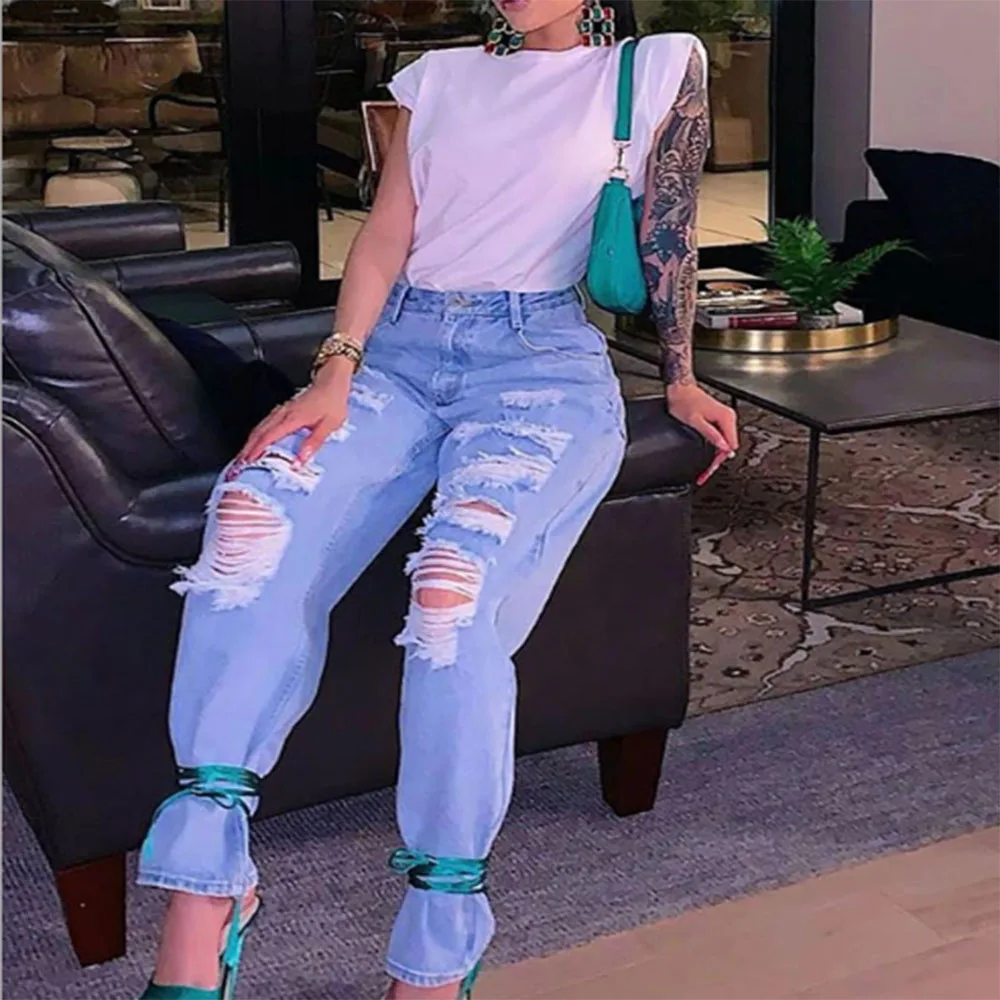 

Fashion Loose Destroyed Hole Denim Jeans Casual Vintage Wide Leg Pants Trousers Fall 2020 Women cargo pants women