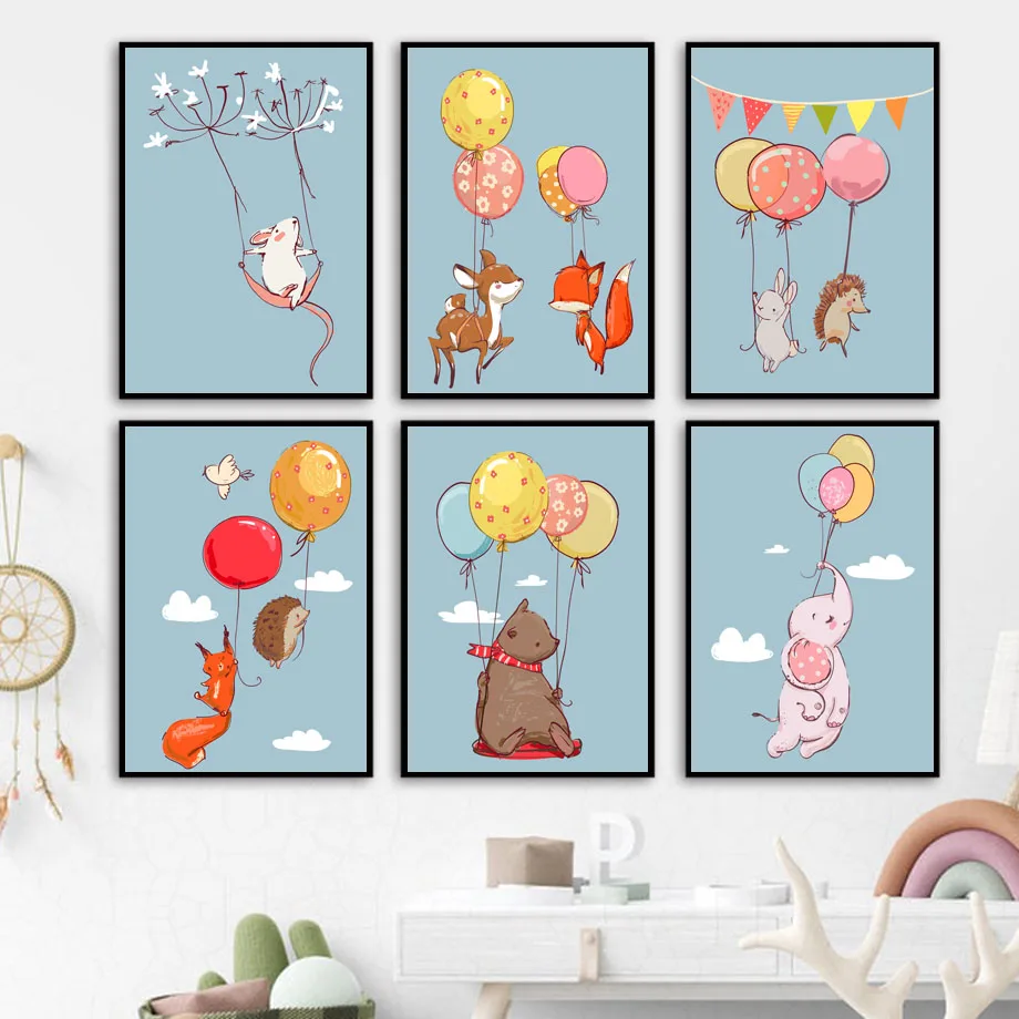 

Wall Art Print Canvas Painting Flying Balloon Fox Deer Bear Elephant Bunny Nordic Poster Wall Pictures Baby Girl Kids Room Decor