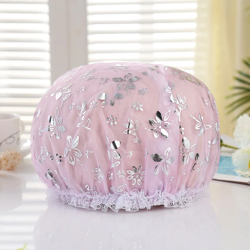 

summer daily use Waterproof Bath Hat Supplies Women Double Layer Anti-smoke Lace Bathing Cap Multifunction Waterproof Shower Cap
