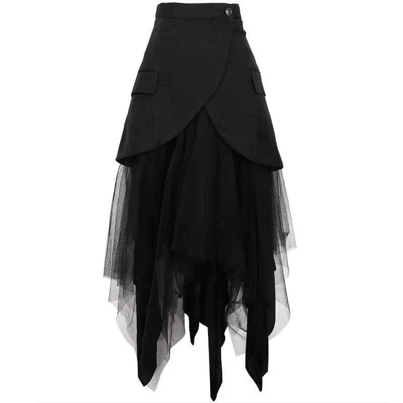 

GALCAUR Black Vintage Women's Skirt High Waist Patchwork Mesh Loose Midi Irregular Hem Skirts Female 2020 Spring Autumn Fashion