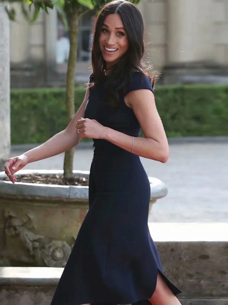 Kate Middleton же T Station офисные OL темно-синие женские летние новые модные сексуальные Необычные Вечерние платья миди на одно плечо