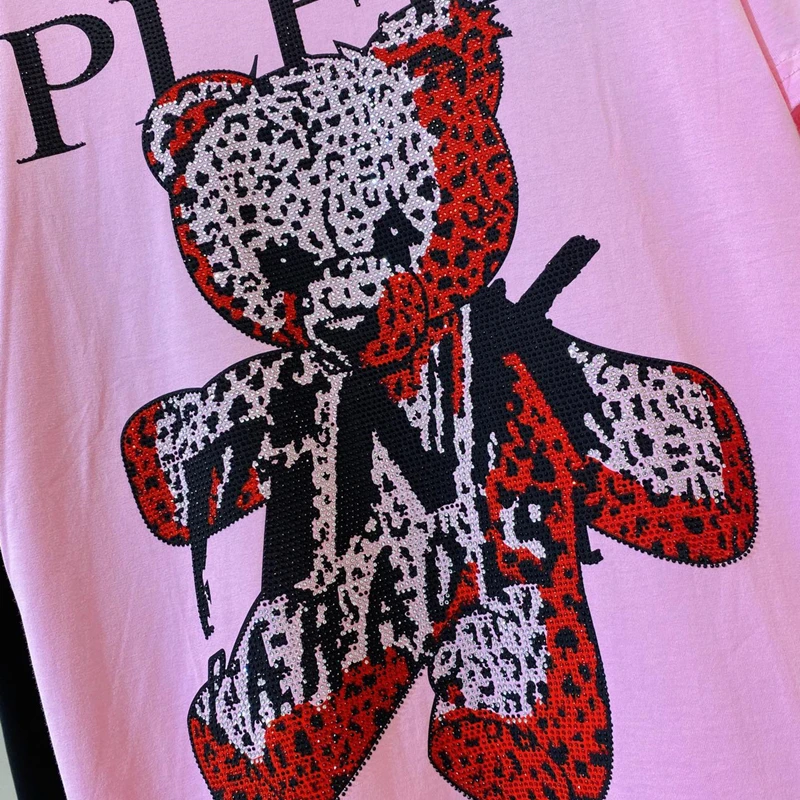

Streetwear cotton tshirt men shortsleeve cartoon teddy bear rhinestones funny fashion new embroidery o neck men clothing summer