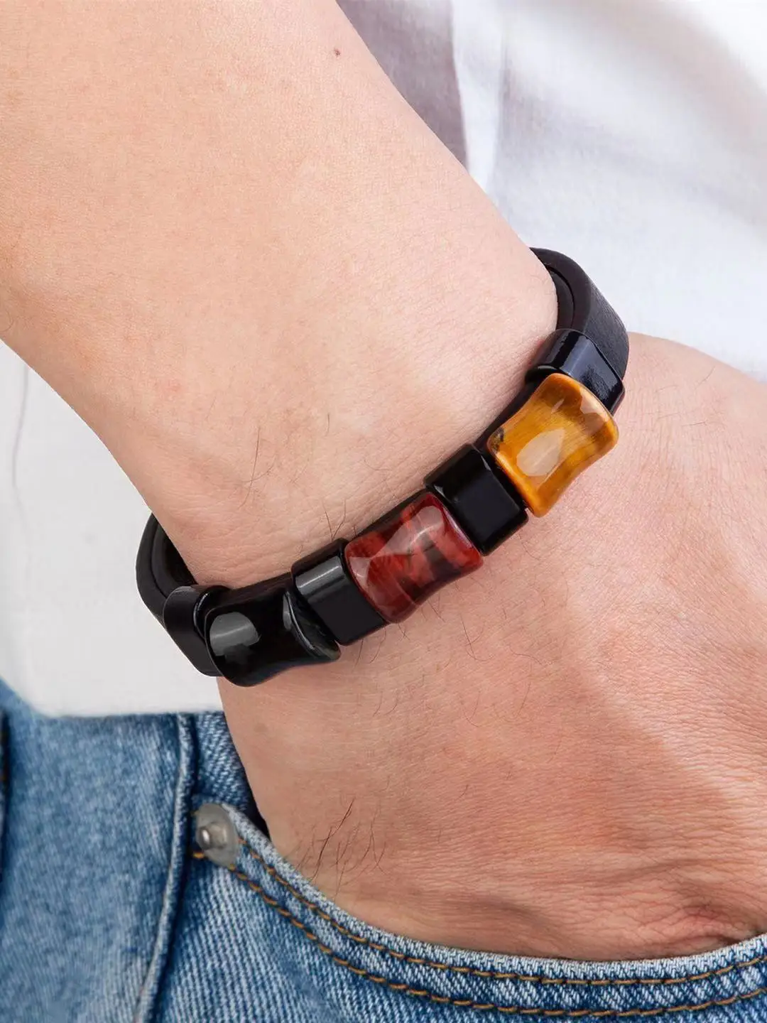 Мужской кожаный браслет из нержавеющей стали тигровый глаз | Украшения и