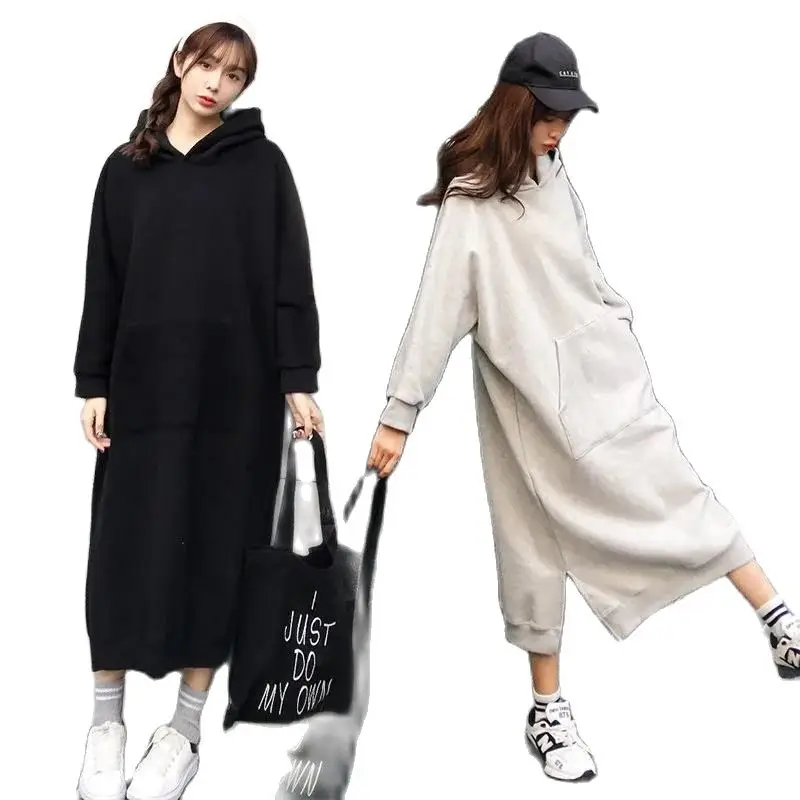 

Fashion Women's Plus Size Casual Women Dresses Loose NEW Autumn 2021 Women's Clothing Hooded Plus Velvet Sweater Women's Dress