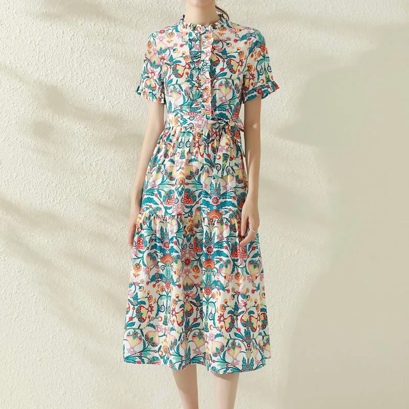 

2021 Summer New Style Bohemian Retro Print Ruffled Short-Sleeved Belt Slim Temperament Short-Sleeved Mid-Length Dress