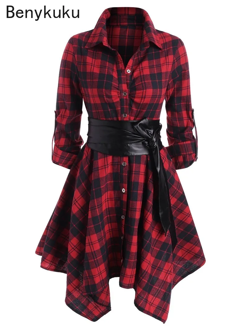 

2023 Autumn Women Green Red Plaid Belted Roll Tab Sleeve Handkerchief Dress Gothic Casual Dress Vestidos Long Sleeve Party Dress