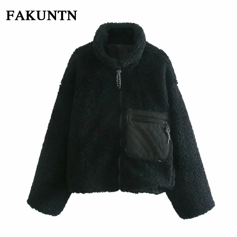 

FAKUNTN Women's Black Jackets Coats 2021 Autumn Winter Fashion Stand Collar Coats Tops Women Warm Outerwear Female Plush Jacket
