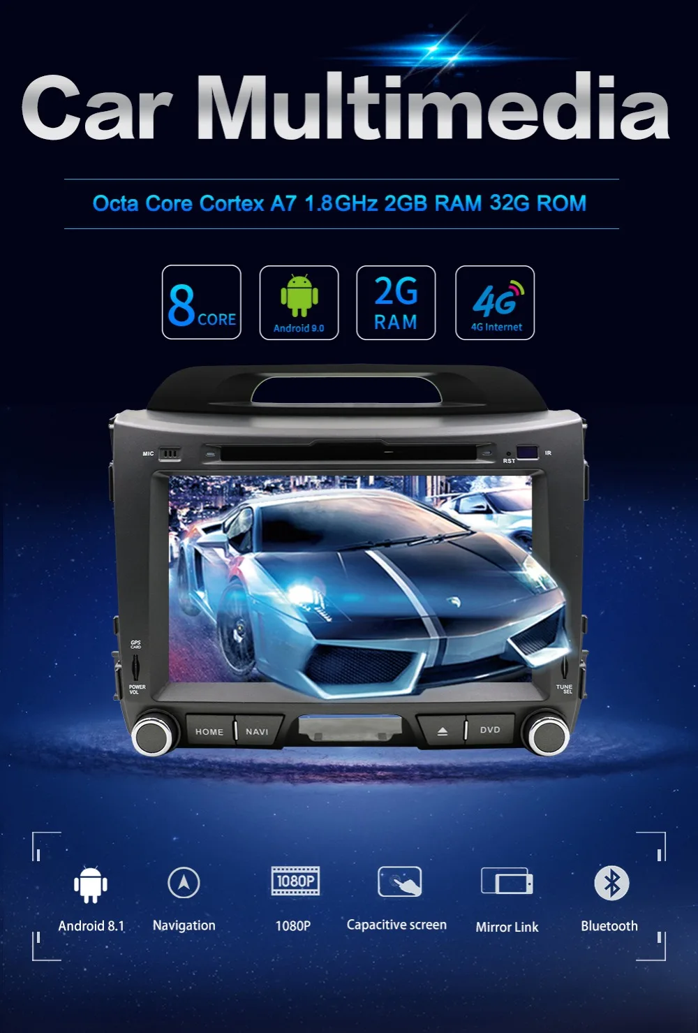 Android 8,1 Восьмиядерный головное устройство Автомобильный dvd-плеер для KIA Sportage R 2011 2012 2013 Gps wifi BT 3g/4g Чистое Радио Bluetooth