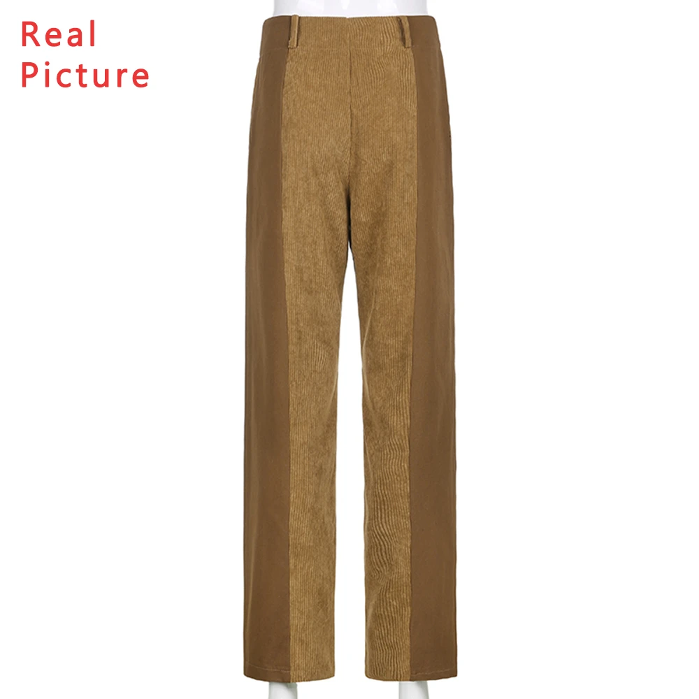 

Corduroy Brown Pants Pink Green Straight Striped Baggy Pants High Waist Zipper Fly Loose Woman Pants Solid Streetwear