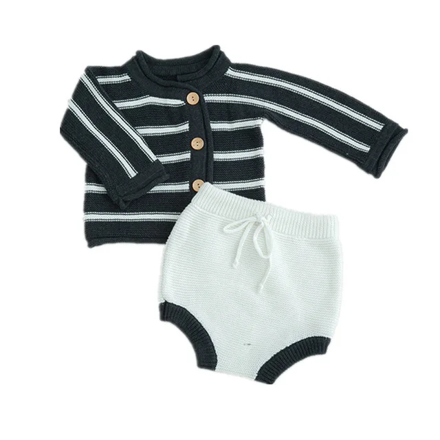 black striped Новинка; милая одежда для малышей; сезон весна-осень; Хлопковый вязаный кардиган для маленьких мальчиков и девочек; пальто и шорты; комплект одежды из 2 предметов; B155 - Цвет: black striped