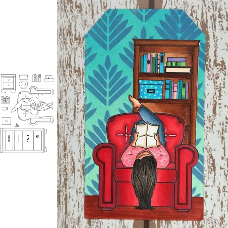 

Long-haired Woman Lying On The Sofa Cabinets Books Transparent Clear Silicone Stamp/Seal For DIY Scrapbooking Decor New Cards