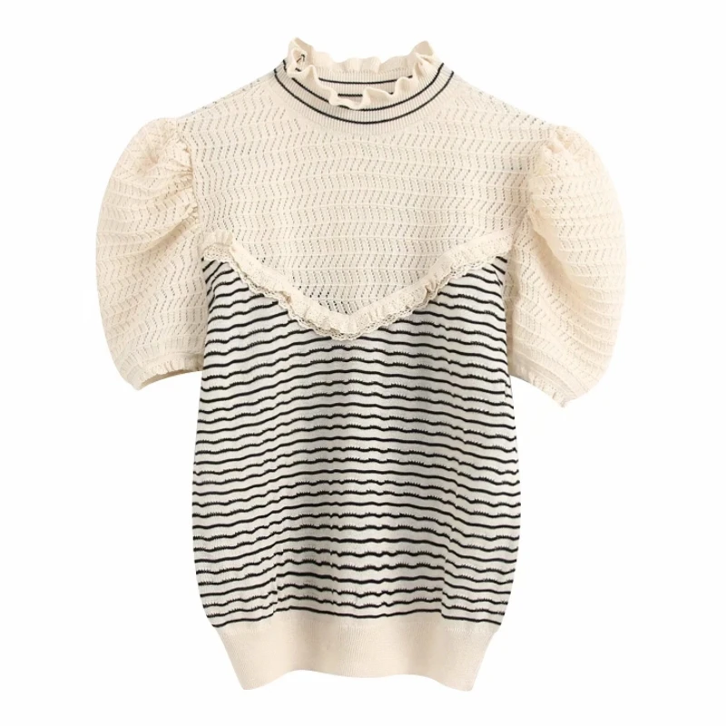 Женский вязаный свитер с оборками на воротнике повседневный тонкий в полоску