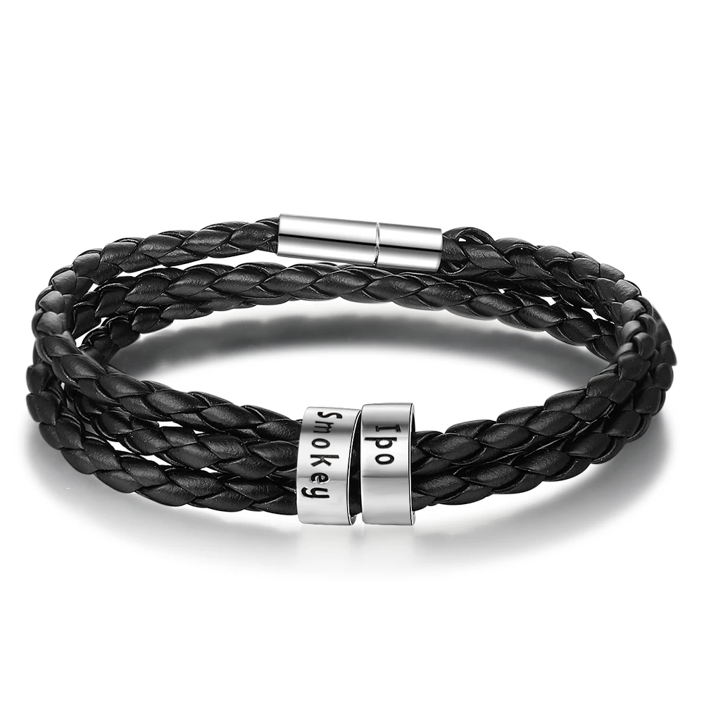 

Personalized Bracelets Black Braided Rope Engraved 2 Names Promised Multiturn Bangles Custom Anniversary Gift for Men（BA102670）