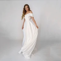 uzn simple wedding dress a line off the shoulder short sleeves v neck soft satin bridal dress zipper back brides dress