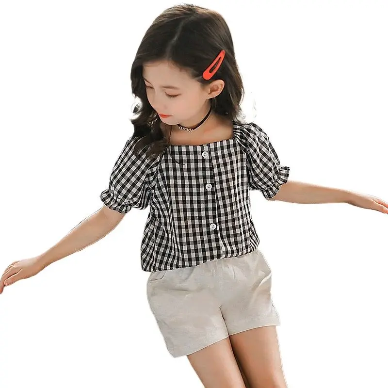 

Girls Summer Suit 2021 New Children Casual Loose Short-sleeve Two-piece Suit Brief Red Plaid Cute Tracksuit Set Baby Girl Outfit