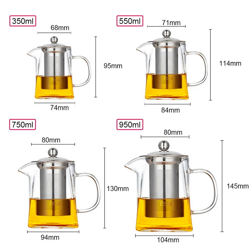 

350/550/750/950ML Glass Teapot Heat Resistant Square Glass Teapot With Tea Infuser Filter And Lid Stovetop Loose Leaf Tea Maker