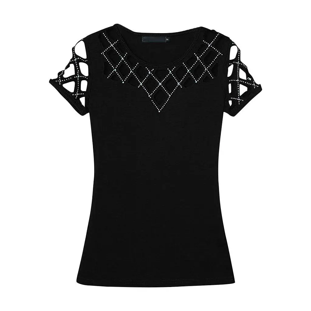 

2021 Summer Women's T-shirt New round neck short sleeve hollow beaded sexy top