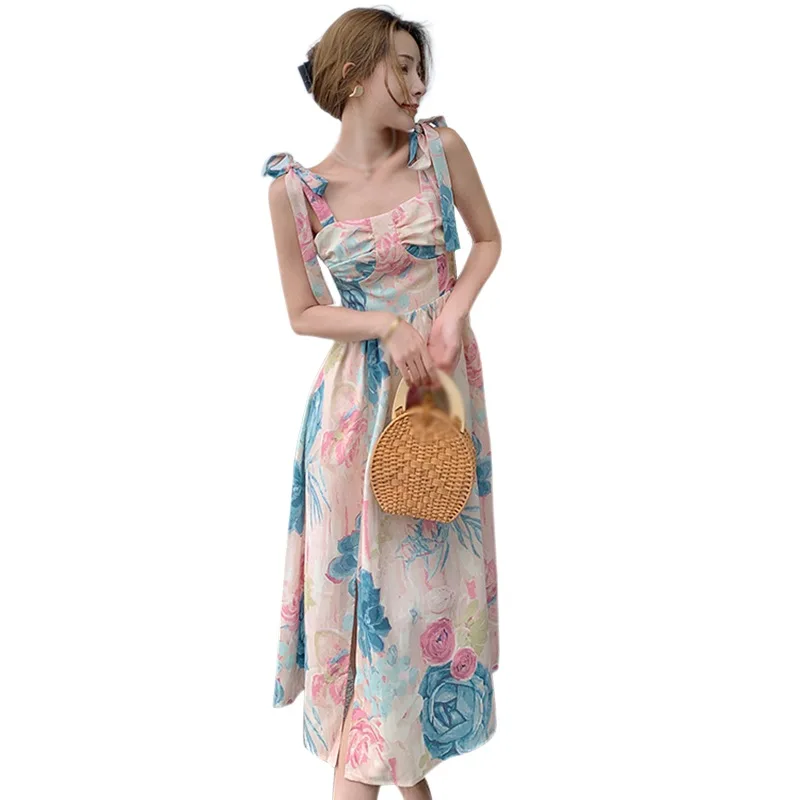 

Summer French Dress Female Suspender Dress Mid-length Floral Sling Women Vestidos Femme vestido de mujer