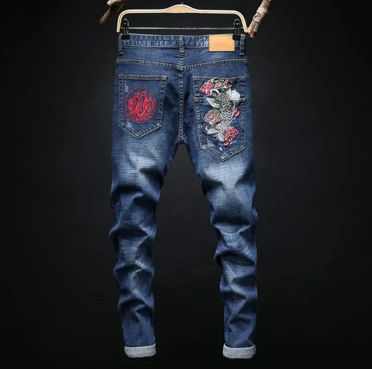Embroidered carp jeans mens offspring pants straight stretch Original design new European and American style