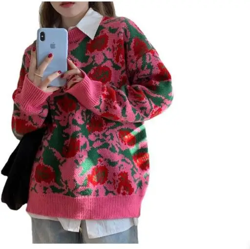 

2022 Autumn and Winter New Korean Women's Round Neck Thick Warmth Fashion Harajuku Pullover Retro Rose Jacquard Loose Sweater