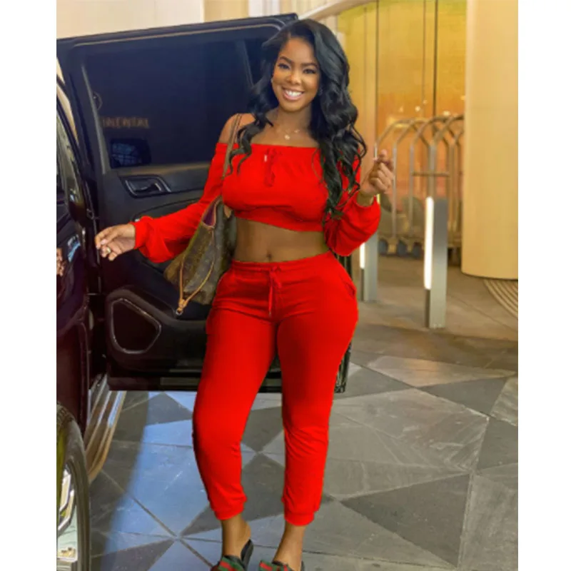 

Autumn Slash Neck Off Shoulder Crop Top 2 Piece Pants Sets Women Sexy Plus Size Outfits Womens Tracksuit Wholesale Dropshipping