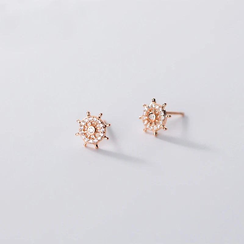 

Real 925 Sterling Silver Cute Zircon Rudder Stud Earrings Small Earrings for Women Girls