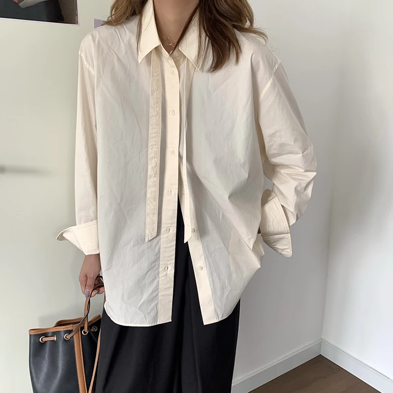 

2 Clolor New Spring Blouse OL Elegant Minimalist Bow Lapel Shirt Women Blouses Work Wear Long Sleeve Solid Loose Tops Female