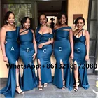 Атласное платье для подружки невесты, темно-синее, на бретелях, с разрезом спереди, в африканском стиле, 2021