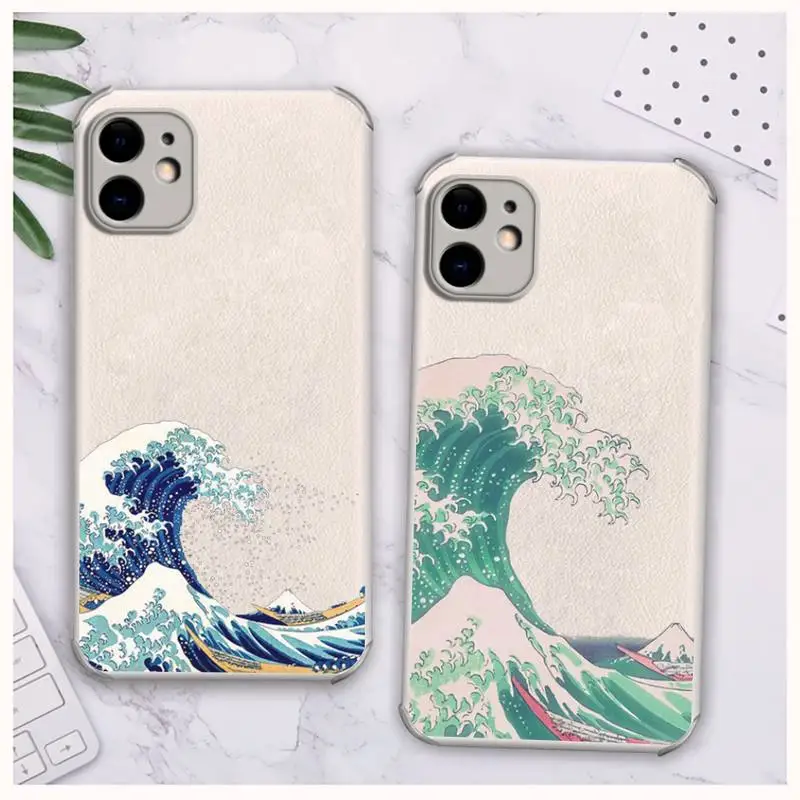 

Wave Art Japanese Green Illust Phone Case Lambskin Leather For iphone 12 11 8 7 6 XR X XS PLUS MINI PLUS PRO MAX Shockproof