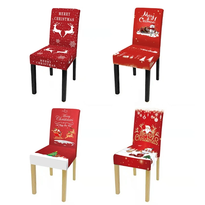

X37E Christmas Printing Chair Cover Santa Snowman Elk Universal Stretch Protect Cover for Home Bedroom Office Dining Room Chair