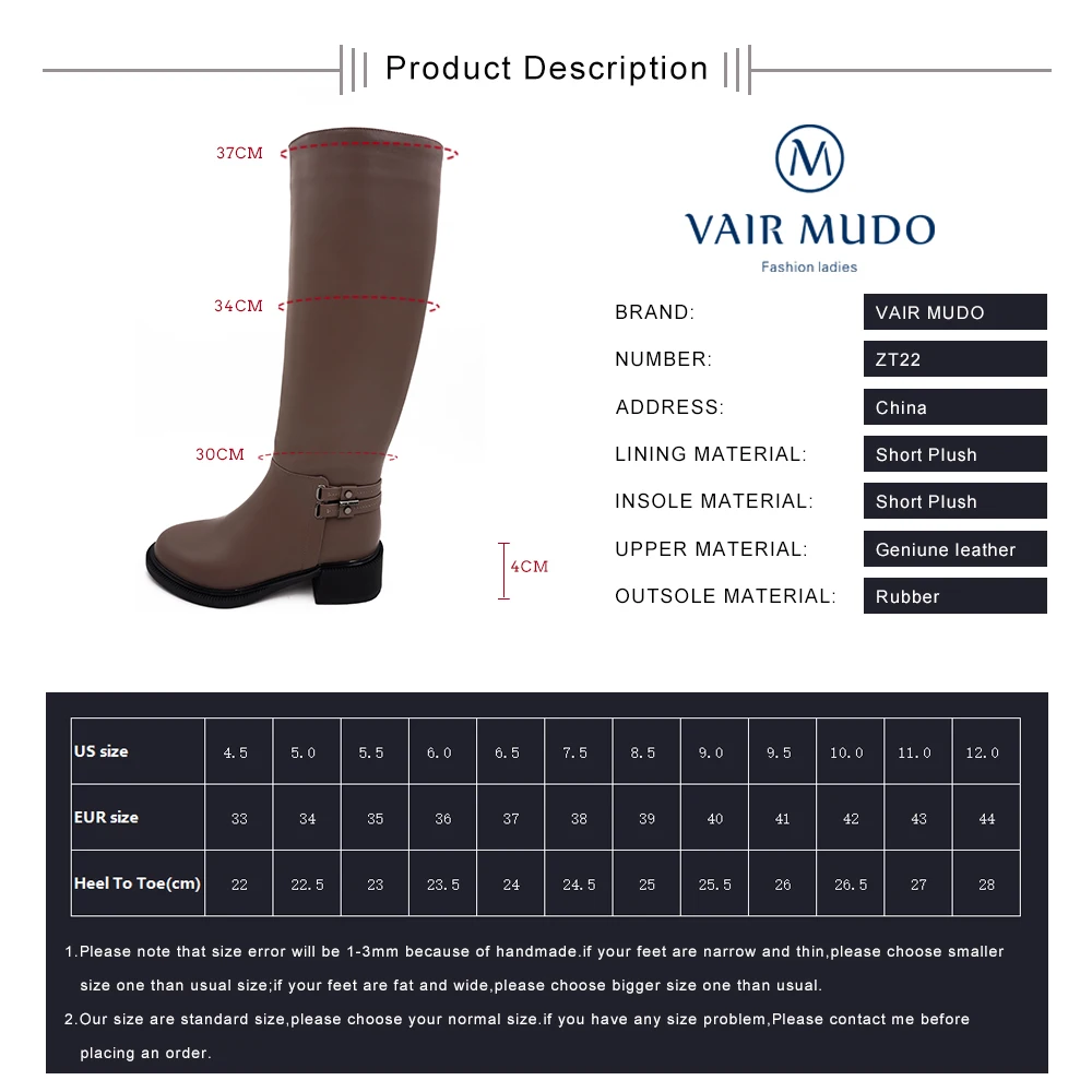 

VAIR MUDO Winter Boots Shoes Women Suitable for fat feet Genuine Leather Low Heels Winter Wool Warm Shoes Women Black Adult ZT22