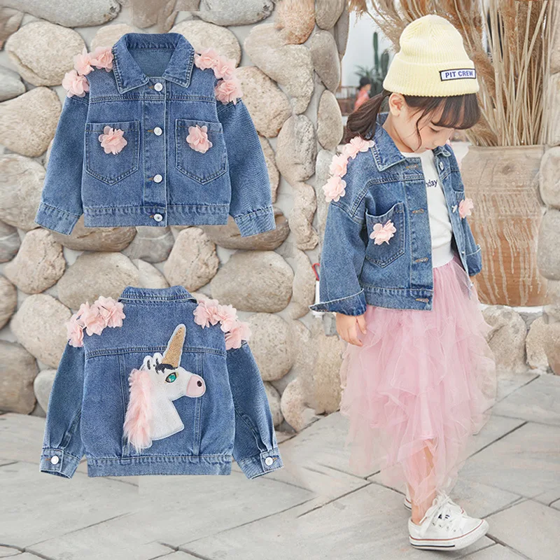 Единорогом для девочек Джинсовая куртка детей верхняя одежда ясельного возраста