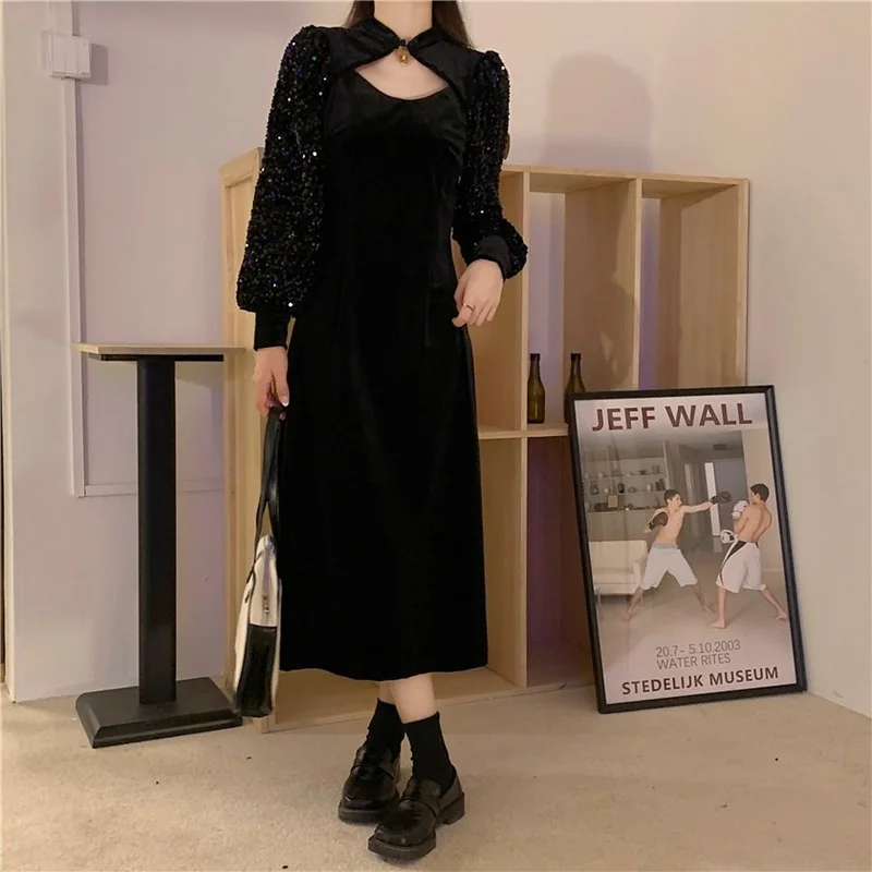 Clothing Harajpoo Female Vintage Elegant Black Sequin Stitching Velvet 2022 New Temperament Waist Harajuku Sexy Mid-Calf Dresses | Женская
