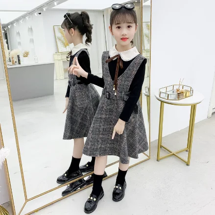 

Autumn Spring Girls Clothing Kids Outfits Plaid Sleeveless Dress + Shirt 2PCS Sets Preppy Style Children Clothes For Girls Set