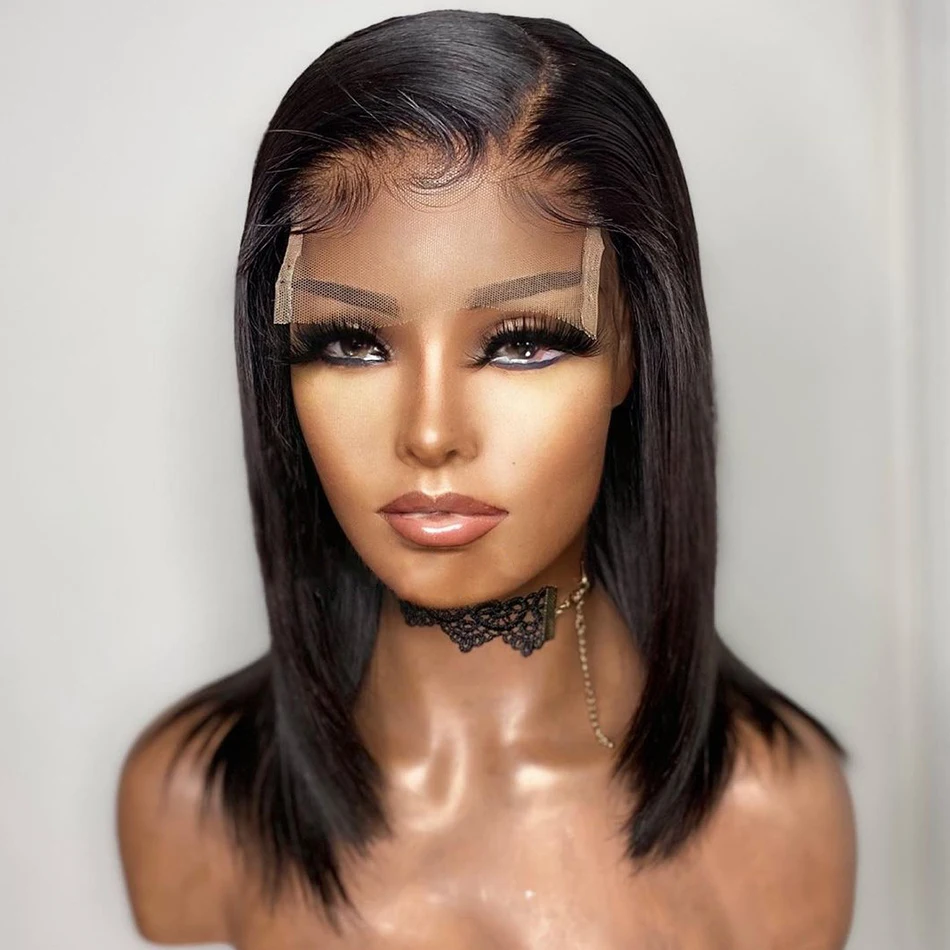 

Natural Black 12Inch Cut Short Silky Straight Glueless Side Part Lace Front Wig With Baby Hair For Women Daily WIg 180%Density