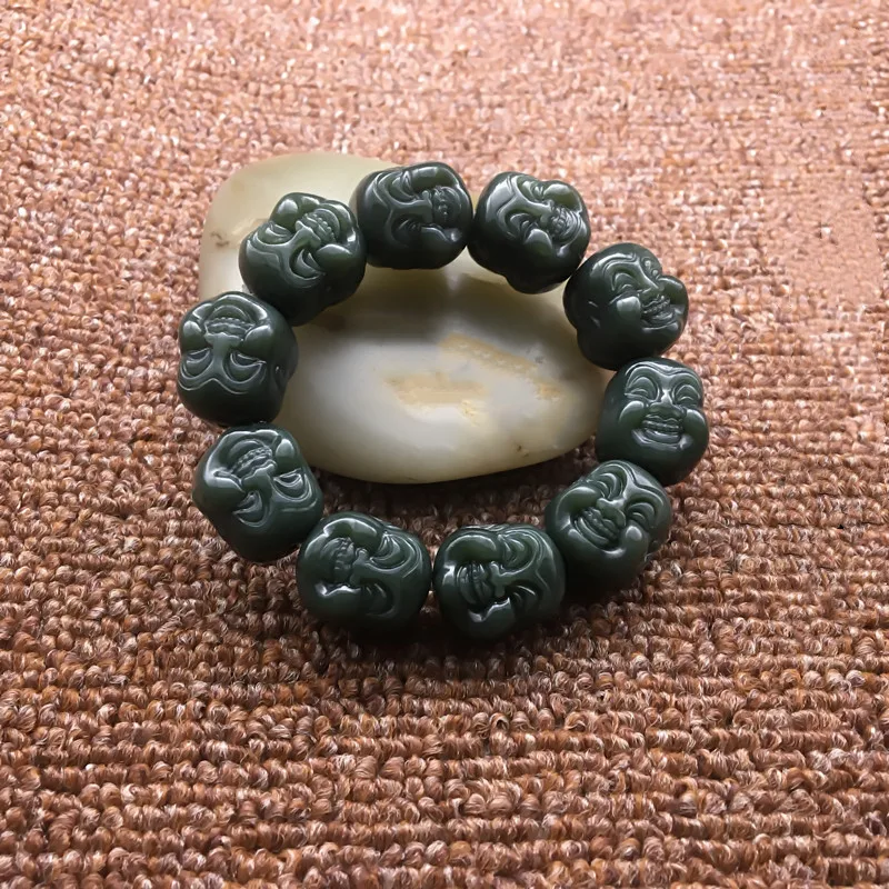 

Natural Hetian Qingyu Buddha head beads Jade Bracelet Jewelry Fine Jewelry Lucky Safety Auspicious Amulet Jade Bracelet