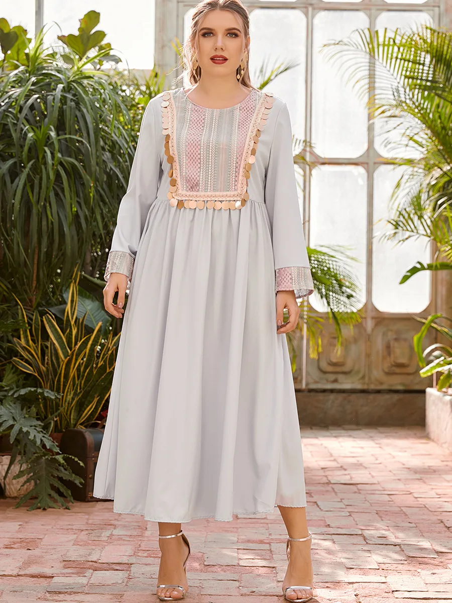 

Ethnic Print Maxi Dress for Women Summer 2021 O Neck Long Sleeve Empire Plus Size Arabic Oman Muslim Turkish Clothes
