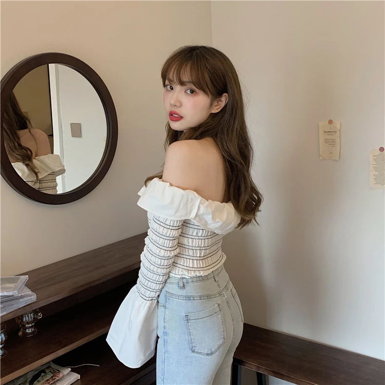 

Ins Slash Neck Striped Women's Clothing Off Shoulder Blouses Crop Top Ladies Shirts Slim Korean Fashion Clothes Flare Sleeve New