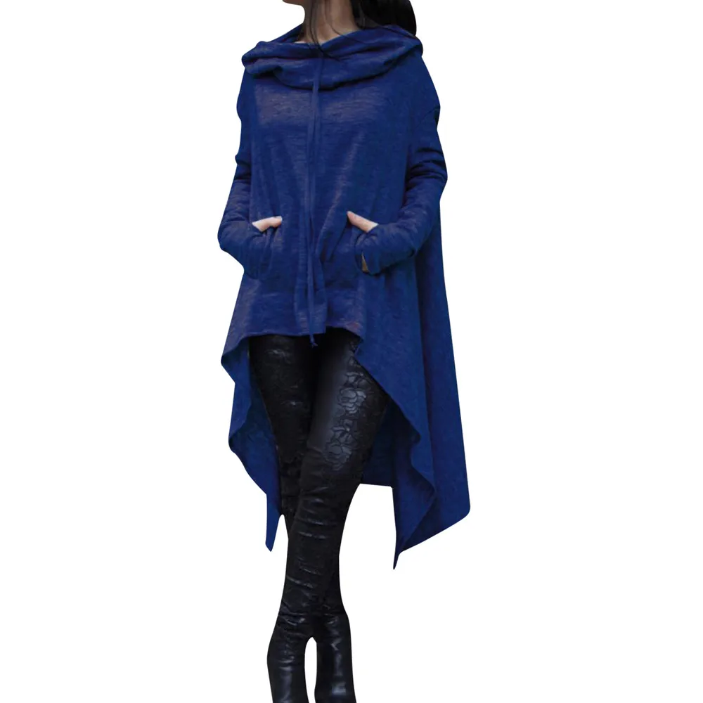 Blue 5XL Женская однотонная свободная Длинная толстовка с асимметричным подолом с капюшоном, толстовка со шнурком, необычная уличная женская верхняя одежда Sudadera# Y3 - Цвет: Blue