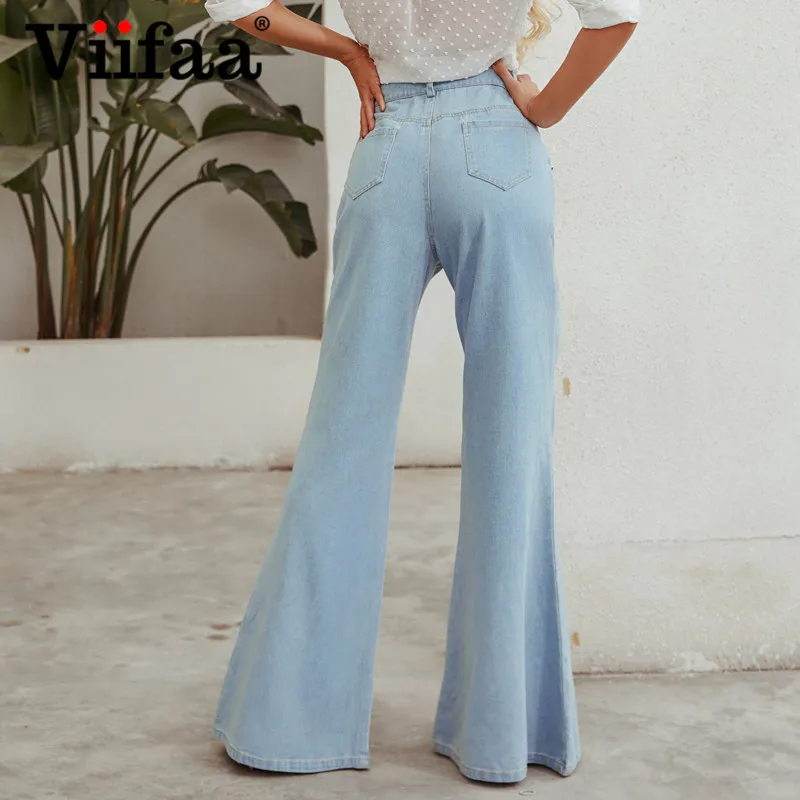 

Viifaa Blue Button Front High Waist Long Jeans Women Denim Pants Vintage Rivet Detail Pocket Floor Length Flare Jeans