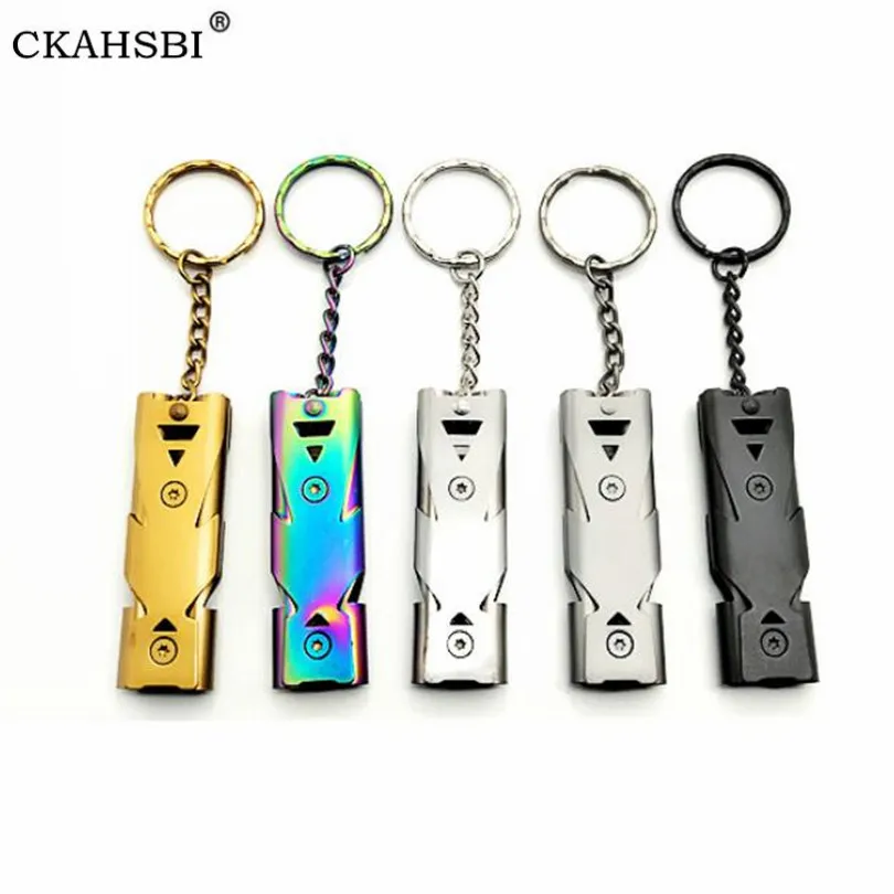 

Портативный брелок ckahвоо с высоким децибелем, свисток из нержавеющей стали с двойной трубкой для экстренного выживания, многофункциональн...