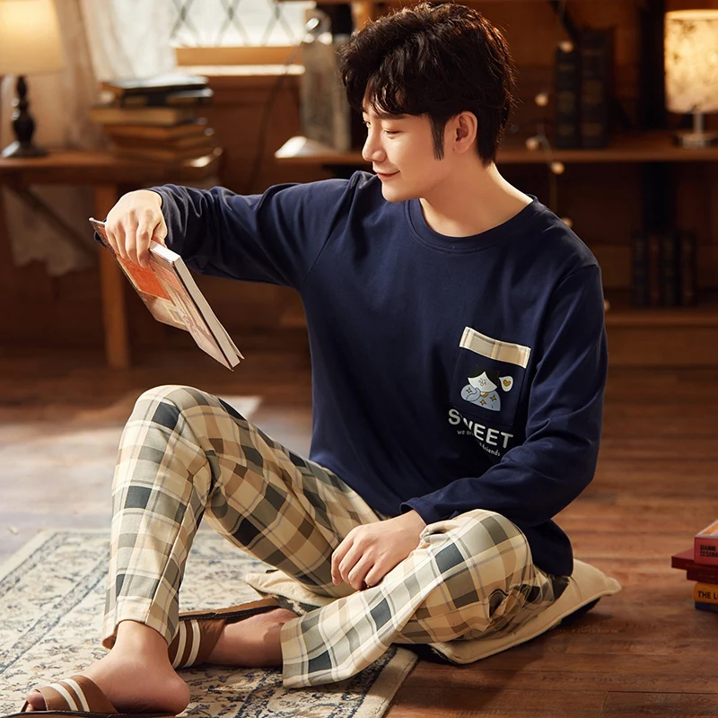 

2021 Spring Autumn Long Sleeve Cotton Pajamas Sets for Men Casual Plaid Sleepwear Suit Pyjamas Male Homewear Lounge Home Clothes