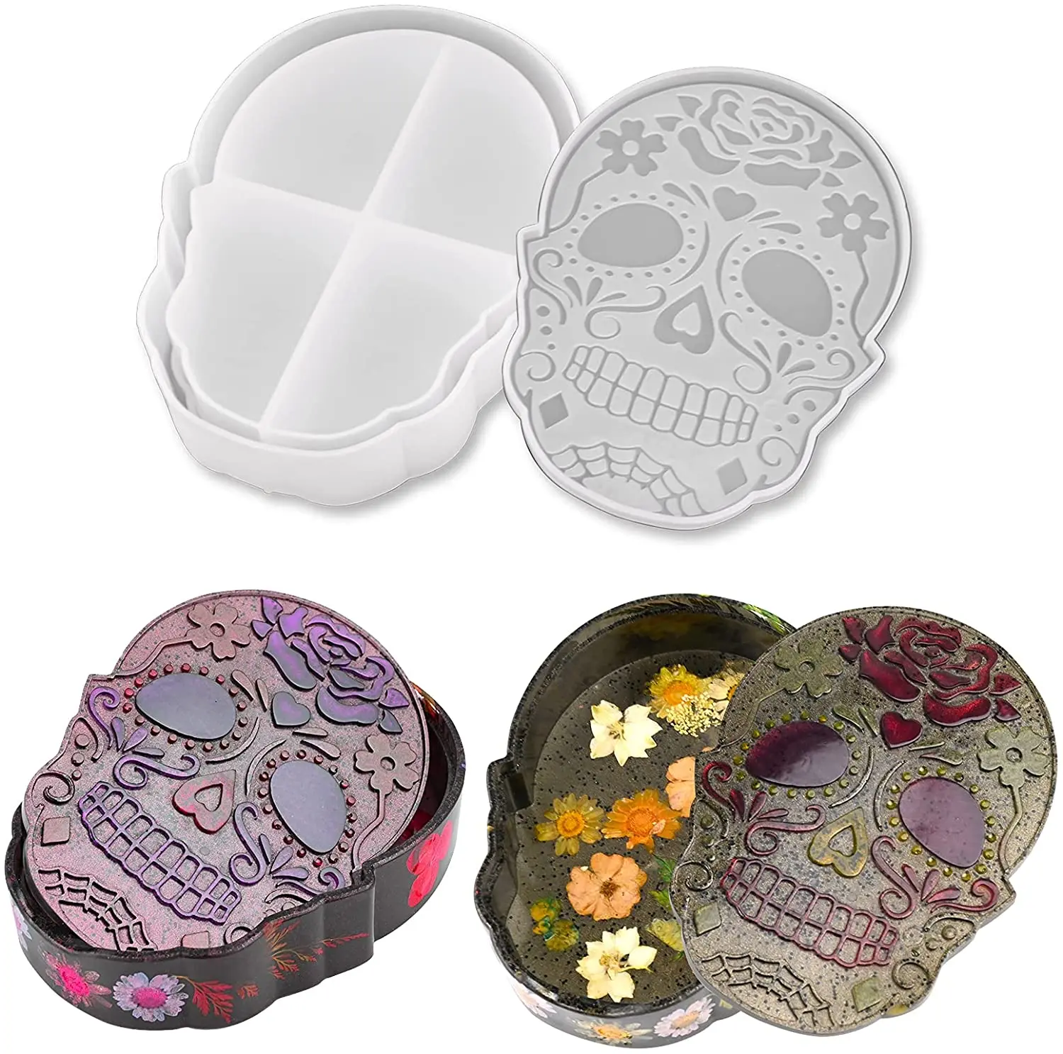 

DIY Epoxy Resin Mold Halloween Skull Storage Box Coffin Swing Table Jewelry Box Silicone Mold with Lid