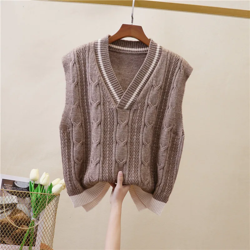 

Knitted vest women's spring and autumn fashion new color matching loose sleeveless v-neck pullover striped all-match casual top