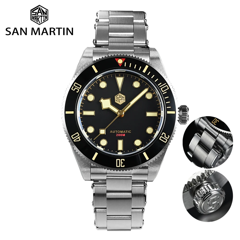 

Мужские водонепроницаемые часы для дайвинга San Martin, черный циферблат 40 мм, сапфировый экран, PT5000/SW200, автоматический механический механизм, м...
