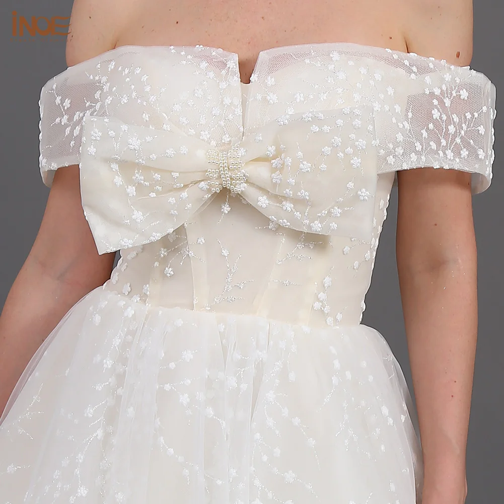 

INOE Lucky Women Fashion Strapless Princess Bow Wedding Dress Ball Gown Floor Length Organza Off shoulder Neckline Flower White