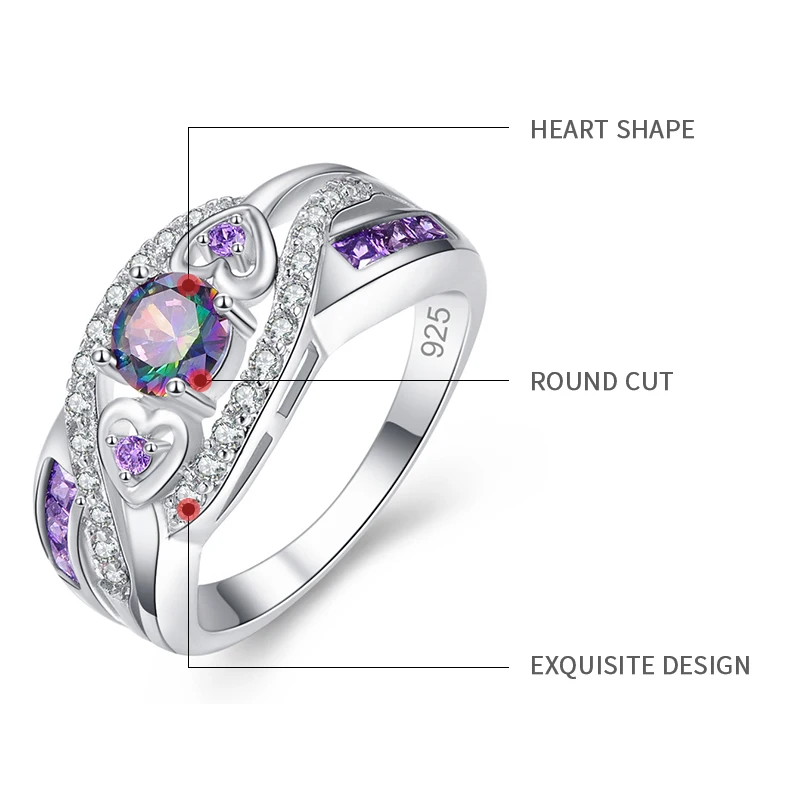 Свадебное модное кольцо JROSE с круглым Мистик Радуга белый и фиолетовый