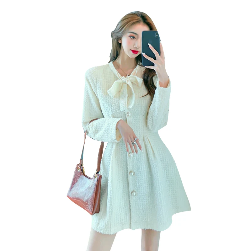 

Vintage Pearl Buttons Tie Bow Light Luxury Aristocratic Little Sweet Wind Dress 2020 Fall Winter Outfit New High-End Temperament